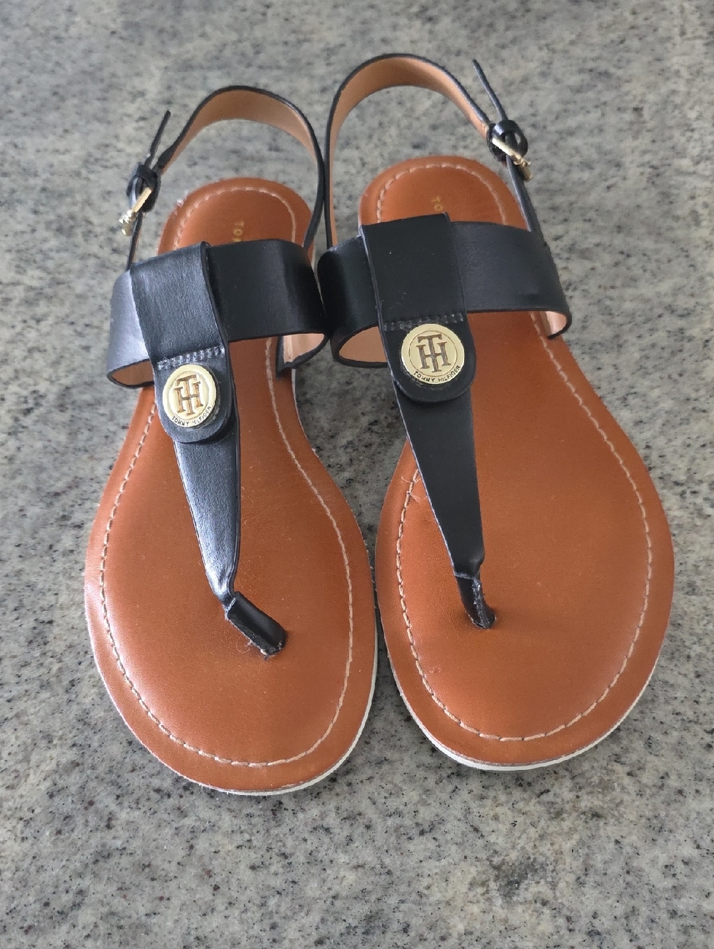 Tommy Hilfiger Black Leather T-Strap Sandals with Gold Logo